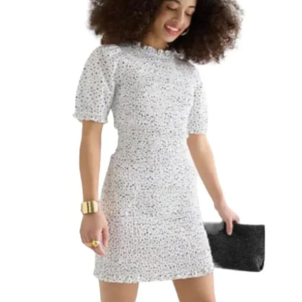 J Crew Puff Sleeve Smocked Mini Dress in White Dark Blue Dot Women's Medium‎